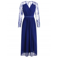 Raglan Sleeve Lace Panel Wrap Dress - Blueberry Blue